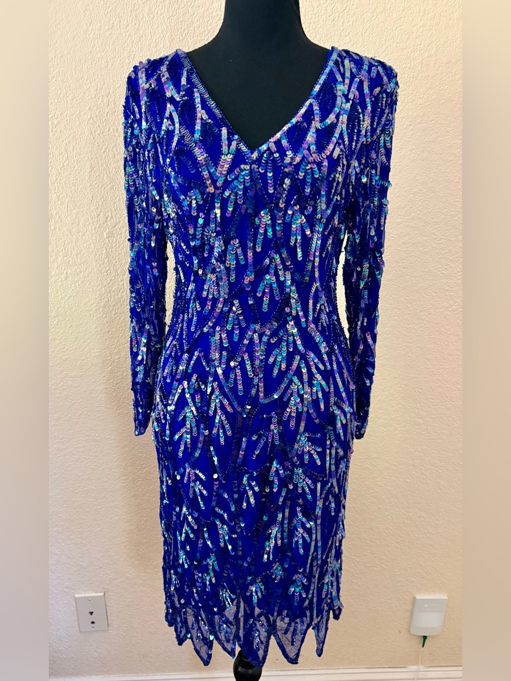 Vintage 80s 90s O.R. Silk Fashions Royal Blue Sequin Cocktail Dress Petite Small